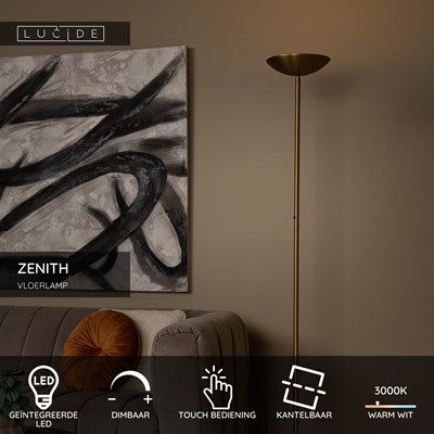 Lucide ZENITH - Vloerlamp - Ø 25,4 cm - LED Dimb. - 1x20W 3000K - Mat Goud / Messing